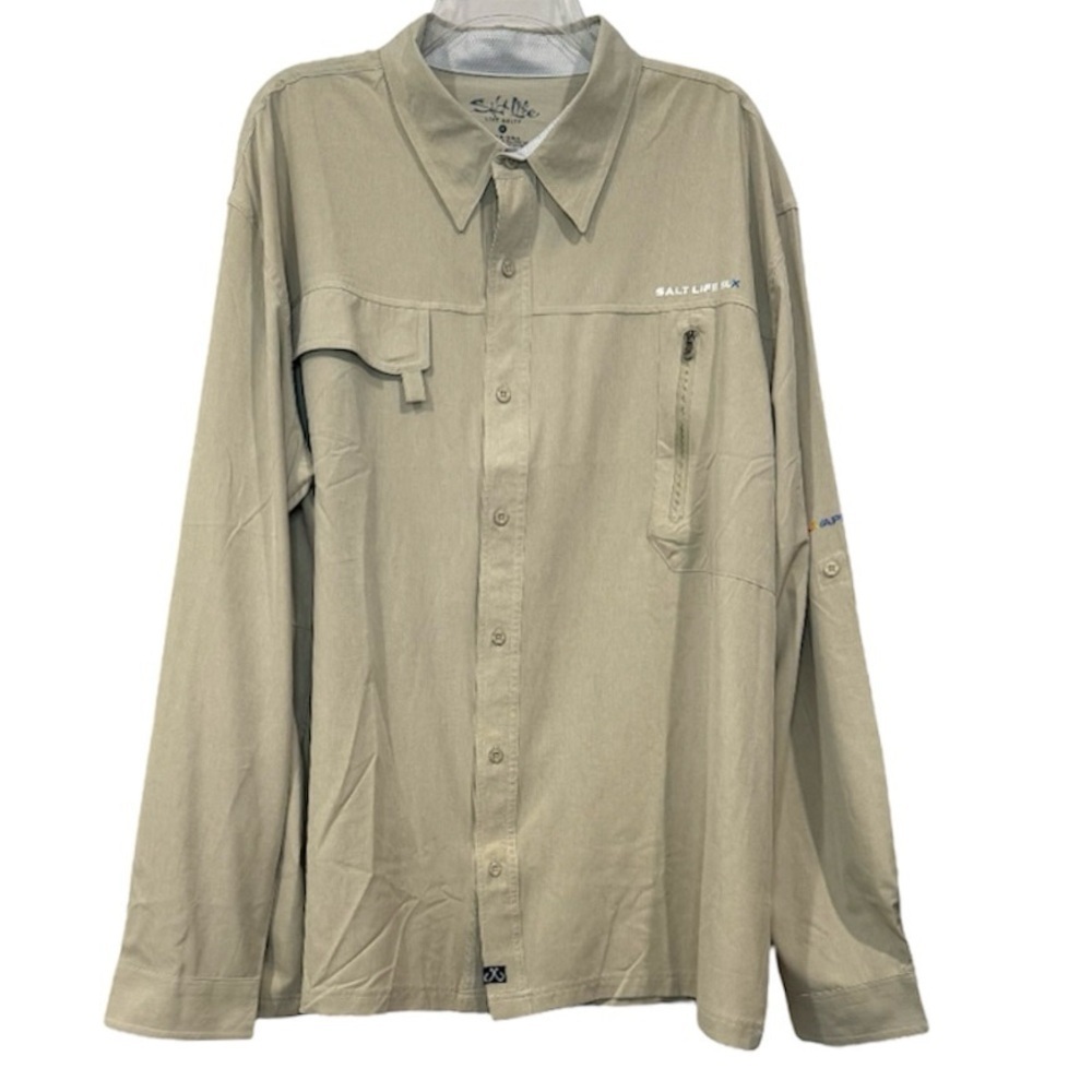 Salt Life SLX UVapor Performance Fishing Shirt Long Sleeve Khaki UPF 30 Size 2XL